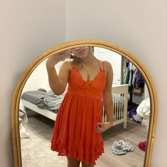open lace back dress Cora Orange Tie Back Mini Dress - US 16